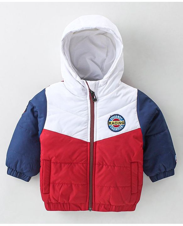 Babyhug Woven Full Sleeves Padded Hooded Jacket with Cut & Sew Design & Patch Detailing - Red & White