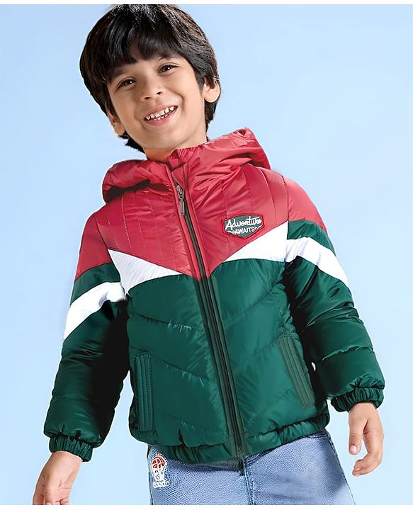 Babyhug Woven Full Sleeves Hooded Padded Jacket With Colour Block Design - Red White & Green