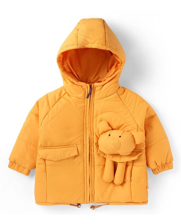 Babyhug Woven Full Sleeves Padded Hooded Jacket With Animal Applique - Orange