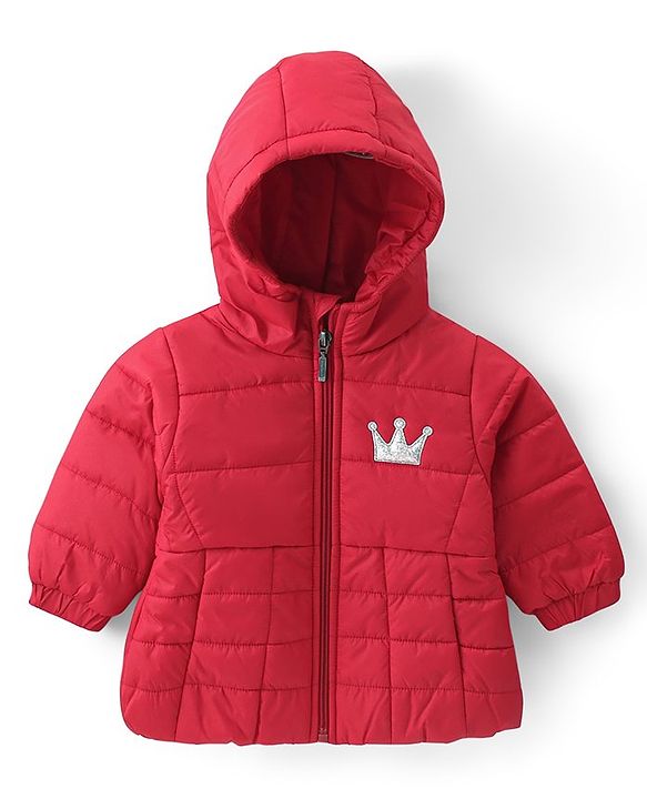 Babyhug Woven Full Sleeves Padded Hooded Jacket with Crown Patch Applique - Red