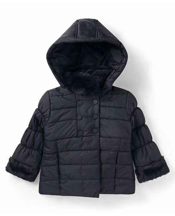 Babhug Woven Full  Sleeves Solid Color Padded Quilted Jacket with Detachable Hood - Black