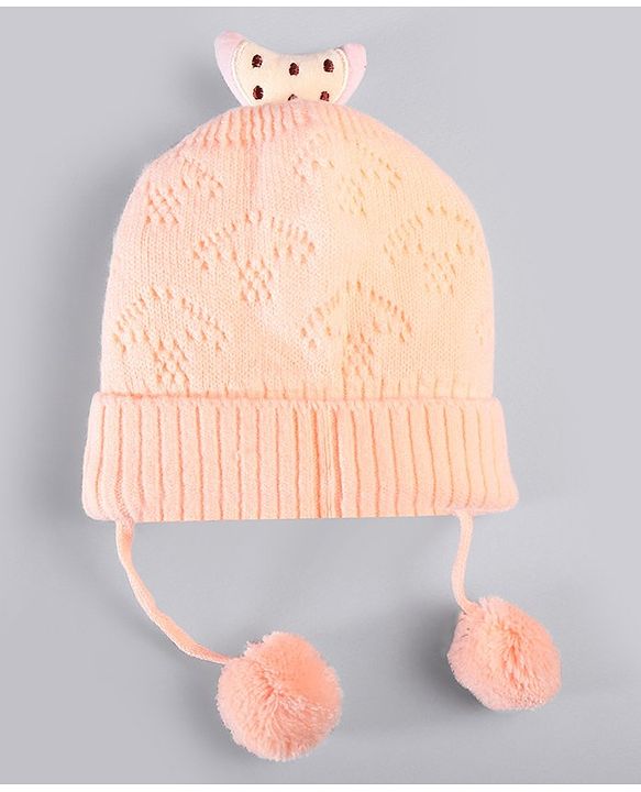 Babyhug Woollen Knitted Caps with Applique & Pom Pom - Orange