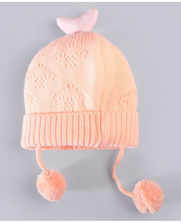 Babyhug Woollen Knitted Caps with Applique & Pom Pom - Orange