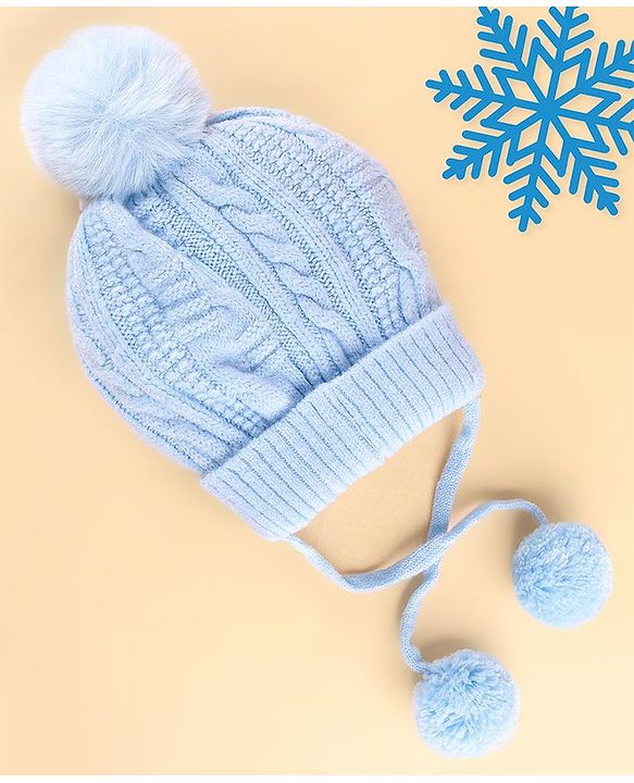 Babyhug Woollen Tie Knot Cap with Pom Pom - Blue