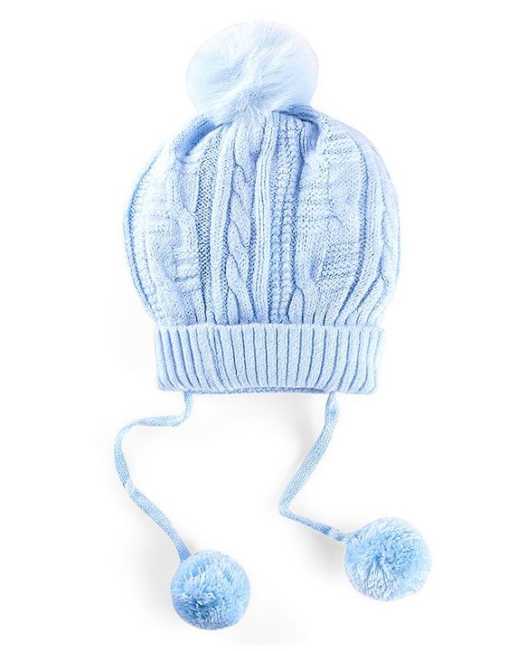 Babyhug Woollen Tie Knot Cap with Pom Pom - Blue