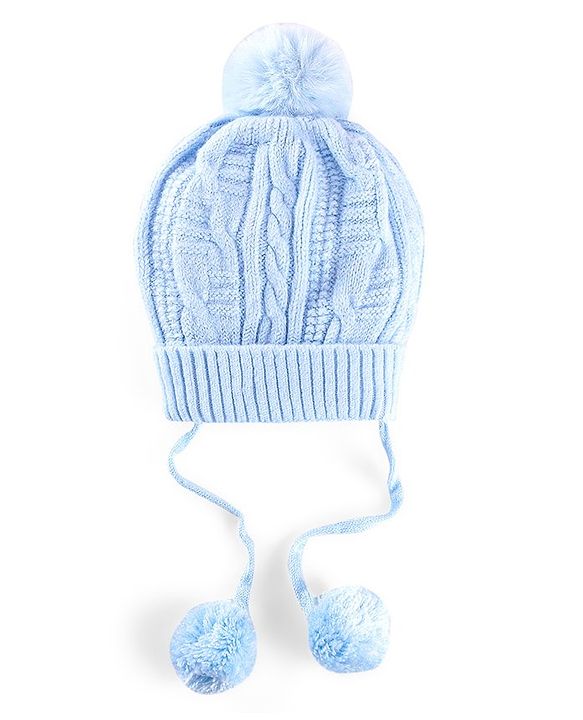 Babyhug Woollen Tie Knot Cap with Pom Pom - Blue