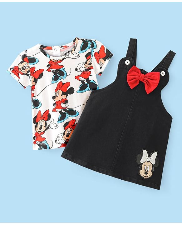 Babyhug Disney Single Jersey Knit Half Sleeves T-Shirt & Denim Frock Set with Minnie Mouse Graphic - White & Black