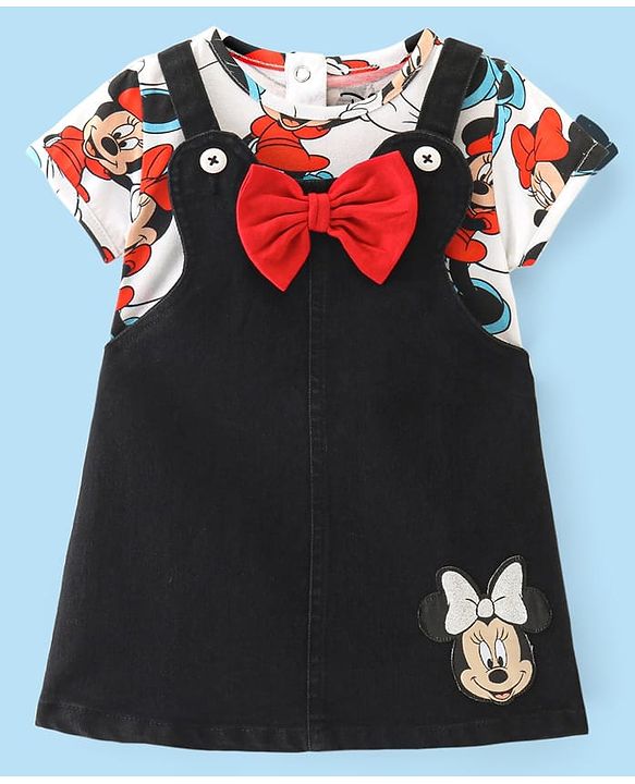 Babyhug Disney Single Jersey Knit Half Sleeves T-Shirt & Denim Frock Set with Minnie Mouse Graphic - White & Black