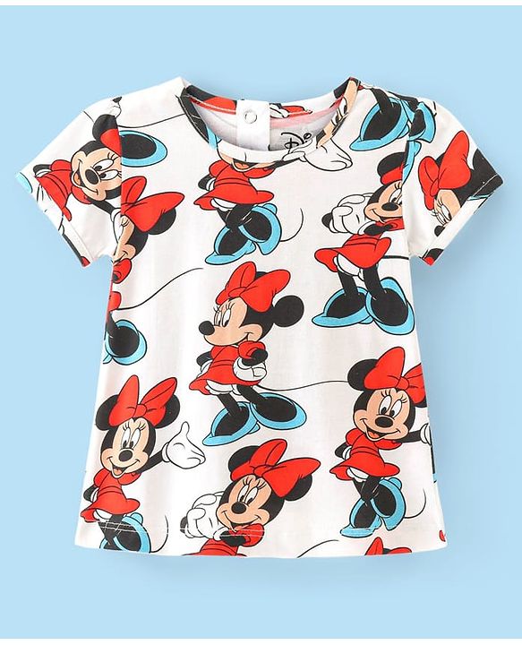 Babyhug Disney Single Jersey Knit Half Sleeves T-Shirt & Denim Frock Set with Minnie Mouse Graphic - White & Black