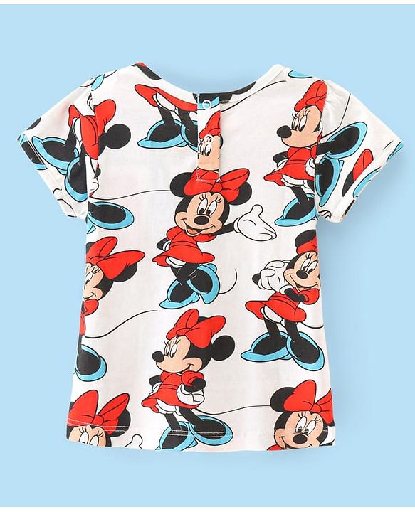 Babyhug Disney Single Jersey Knit Half Sleeves T-Shirt & Denim Frock Set with Minnie Mouse Graphic - White & Black