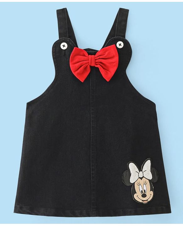 Babyhug Disney Single Jersey Knit Half Sleeves T-Shirt & Denim Frock Set with Minnie Mouse Graphic - White & Black
