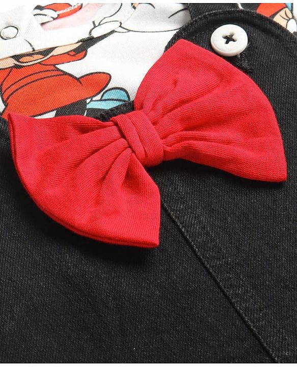 Babyhug Disney Single Jersey Knit Half Sleeves T-Shirt & Denim Frock Set with Minnie Mouse Graphic - White & Black