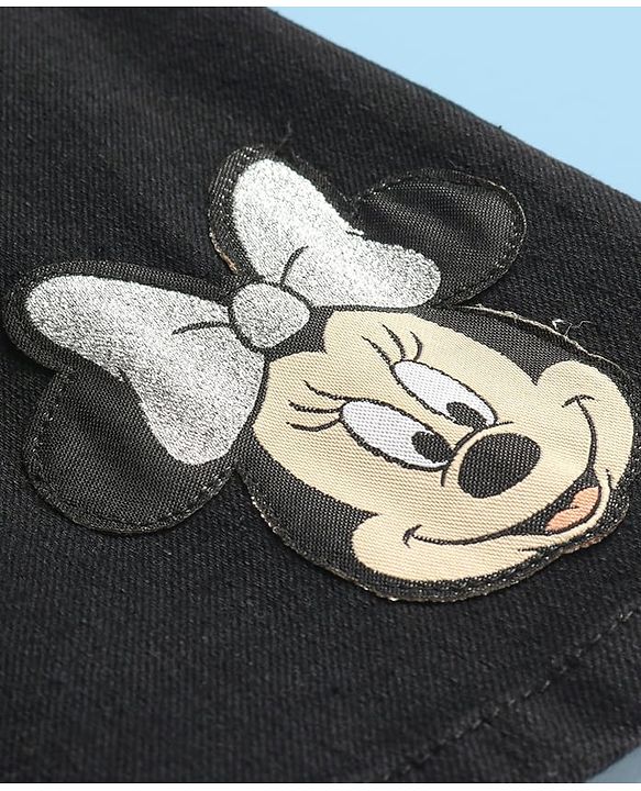 Babyhug Disney Single Jersey Knit Half Sleeves T-Shirt & Denim Frock Set with Minnie Mouse Graphic - White & Black