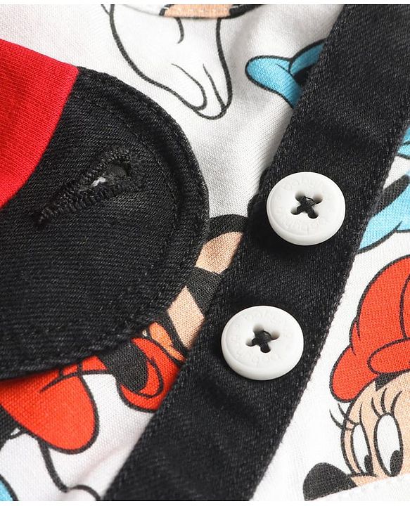 Babyhug Disney Single Jersey Knit Half Sleeves T-Shirt & Denim Frock Set with Minnie Mouse Graphic - White & Black