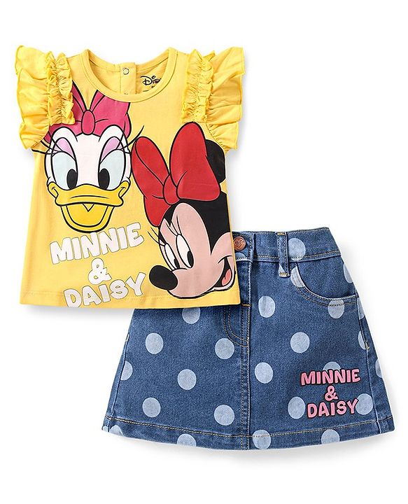 Babyhug Disney Single Jersey Knit Frill Sleeves Top & Denim Skirt Set With Minnie Mouse & Friends Graphics - Yellow
