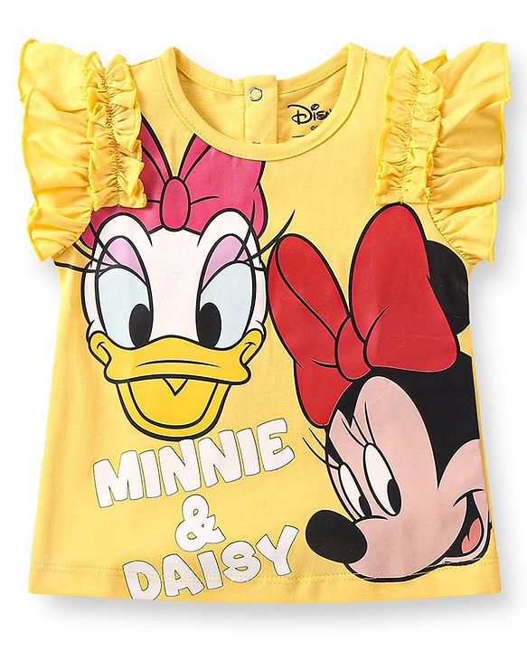 Babyhug Disney Single Jersey Knit Frill Sleeves Top & Denim Skirt Set With Minnie Mouse & Friends Graphics - Yellow