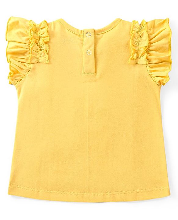 Babyhug Disney Single Jersey Knit Frill Sleeves Top & Denim Skirt Set With Minnie Mouse & Friends Graphics - Yellow
