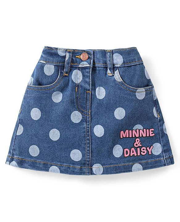 Babyhug Disney Single Jersey Knit Frill Sleeves Top & Denim Skirt Set With Minnie Mouse & Friends Graphics - Yellow