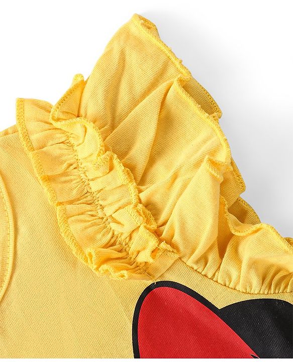 Babyhug Disney Single Jersey Knit Frill Sleeves Top & Denim Skirt Set With Minnie Mouse & Friends Graphics - Yellow