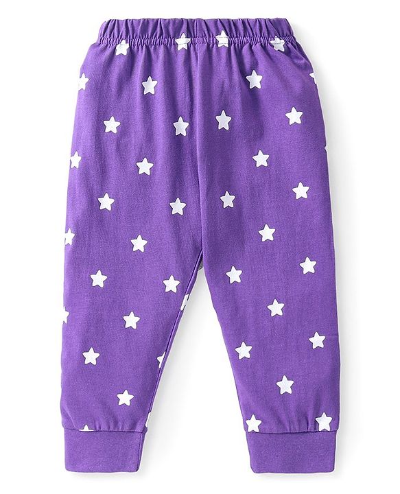 Babyhug Cotton Knit Full Sleeves Night Suit with Star & Text Print - Violet