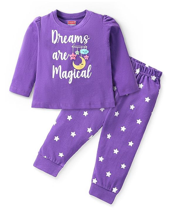 Babyhug Cotton Knit Full Sleeves Night Suit with Star & Text Print - Violet
