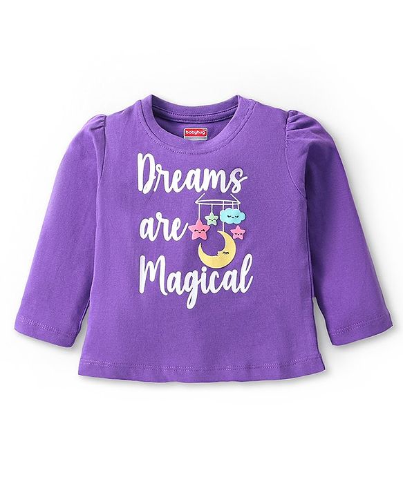 Babyhug Cotton Knit Full Sleeves Night Suit with Star & Text Print - Violet