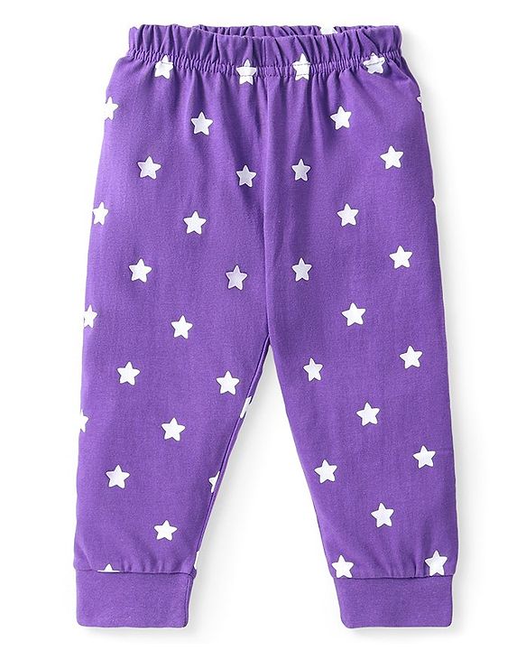 Babyhug Cotton Knit Full Sleeves Night Suit with Star & Text Print - Violet