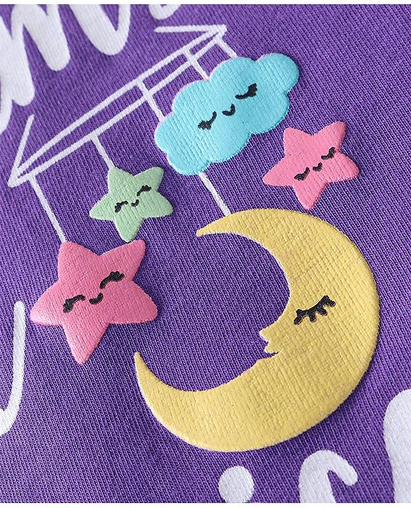 Babyhug Cotton Knit Full Sleeves Night Suit with Star & Text Print - Violet