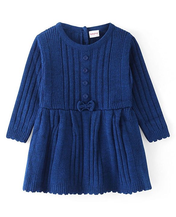 Babyhug Knitted Full Sleeves Winter Dress with Bow Applique - Royal Blue