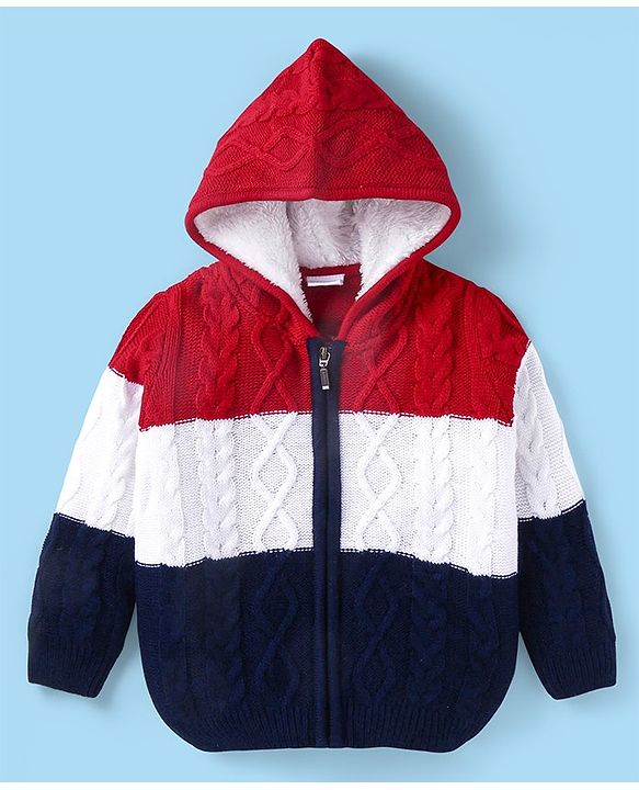 Babyhug Knitted Full Sleeves Front Open Hooded Sweater With Colour Block - Red