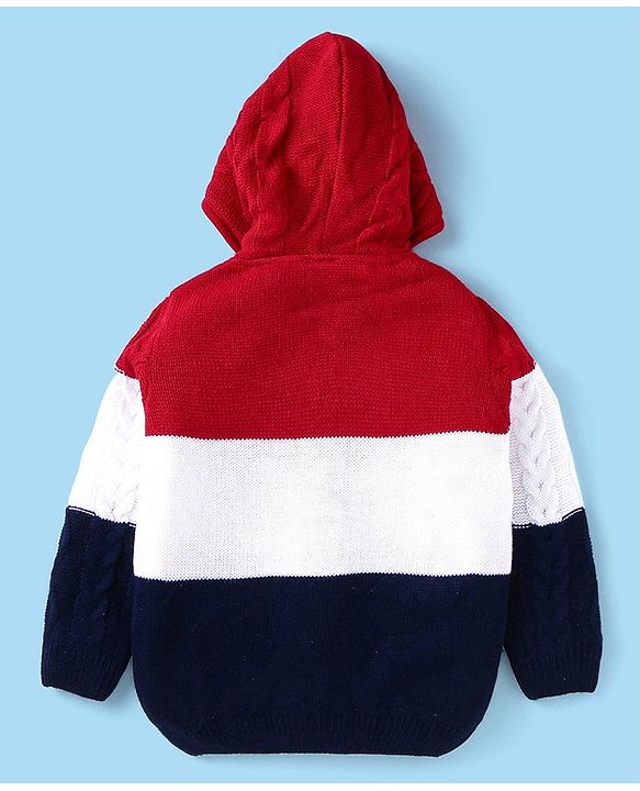 Babyhug Knitted Full Sleeves Front Open Hooded Sweater With Colour Block - Red