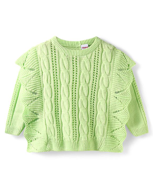Babyhug Knitted Full Sleeves Sweater with Cable Knit Design & Crochet Detailing - Lime Green