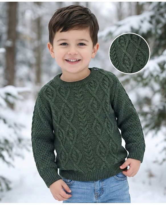 Babyhug Knitted Full Sleeves Pullover Sweater with Cable Knit Design - Olive Green