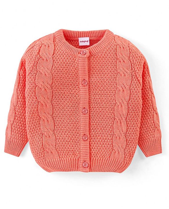 Babyhug Knit Full Sleeves Front Open Sweater with Cable Knit Design - Orange