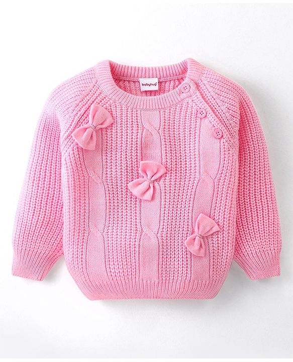Babyhug Knit Full Sleeves Pullover Sweater with Bow Applique - Light Pink