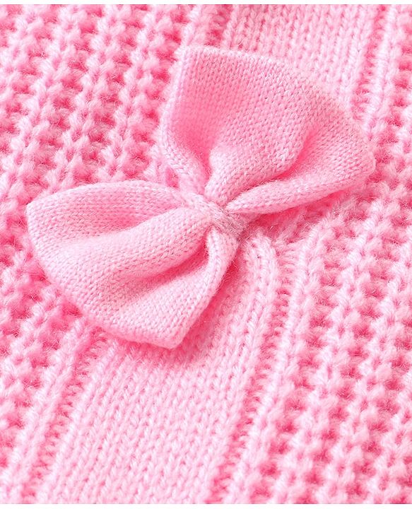 Babyhug Knit Full Sleeves Pullover Sweater with Bow Applique - Light Pink