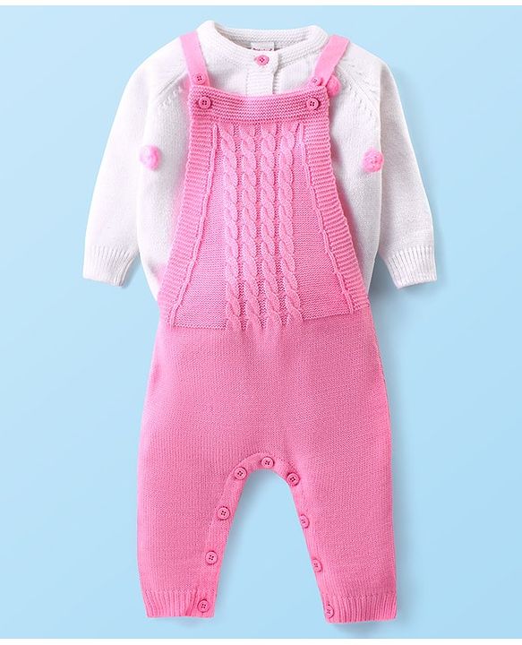 Babyhug Knit Full Sleeves Winter Wear T-Shirt & Dungaree Set with Pom Pom & Cable Knit Detailing - Pink & White