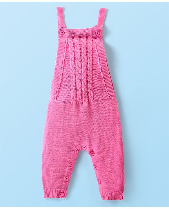 Babyhug Knit Full Sleeves Winter Wear T-Shirt & Dungaree Set with Pom Pom & Cable Knit Detailing - Pink & White