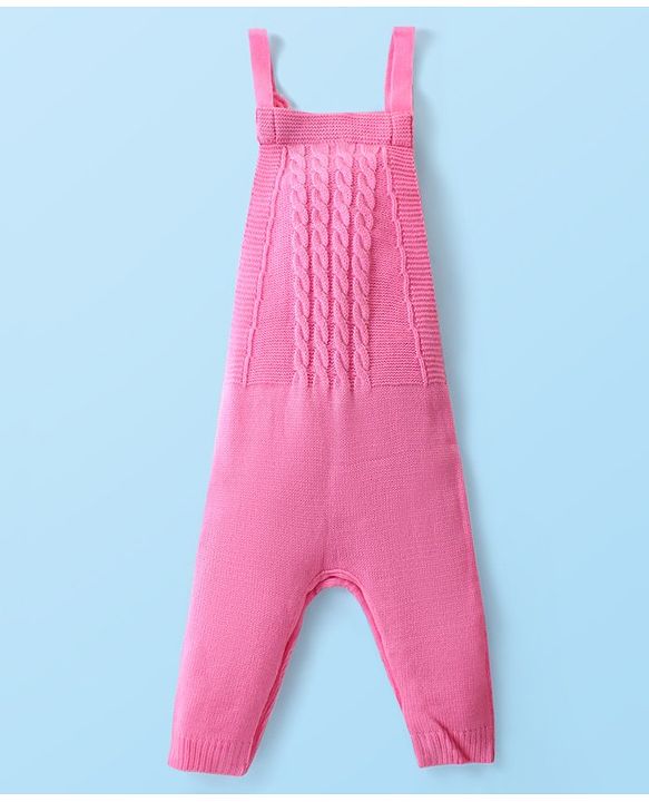 Babyhug Knit Full Sleeves Winter Wear T-Shirt & Dungaree Set with Pom Pom & Cable Knit Detailing - Pink & White
