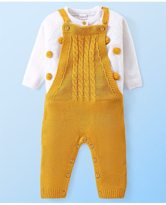Babyhug Knitted Full Raglan Sleeves T-Shirt with Cable Knit Designed Dungaree - Mustard & White
