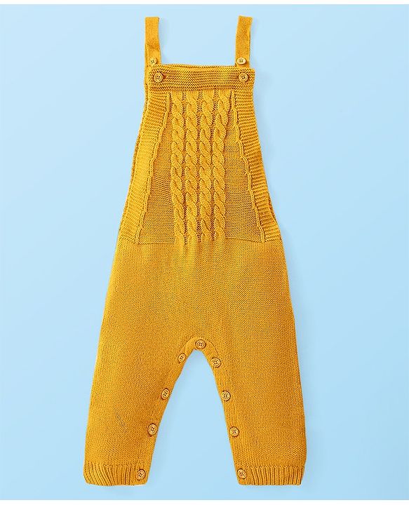 Babyhug Knitted Full Raglan Sleeves T-Shirt with Cable Knit Designed Dungaree - Mustard & White