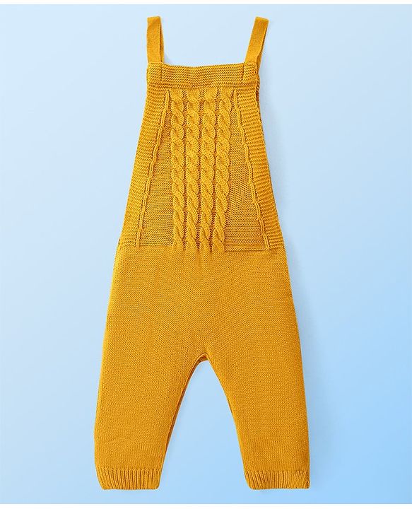 Babyhug Knitted Full Raglan Sleeves T-Shirt with Cable Knit Designed Dungaree - Mustard & White