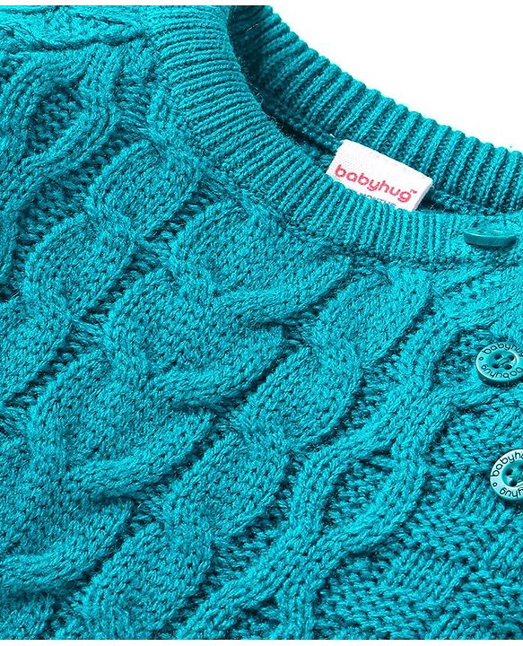 Babyhug Knit Full Raglan Sleeves  Winter Wear Romper with Cable Knit Design - Teal Blue