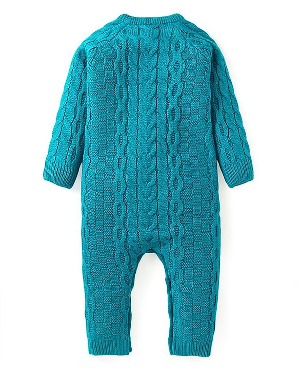 Babyhug Knit Full Raglan Sleeves  Winter Wear Romper with Cable Knit Design - Teal Blue