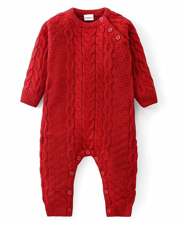 Babyhug Knitted Ful Sleeves Cable Knit Designed Winter Romper - Rust