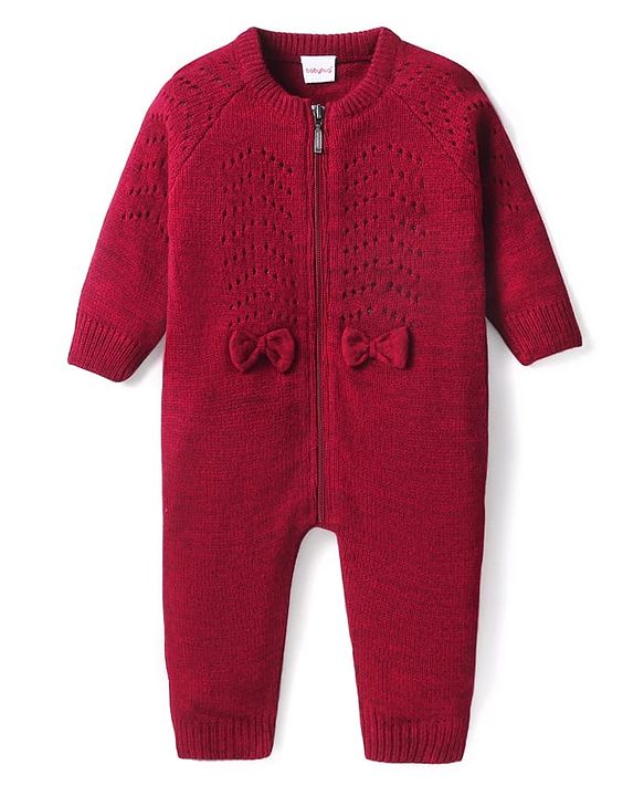 Babyhug Knitted Full Raglan Sleeves  Winter Romper with Bow Applique  - Maroon