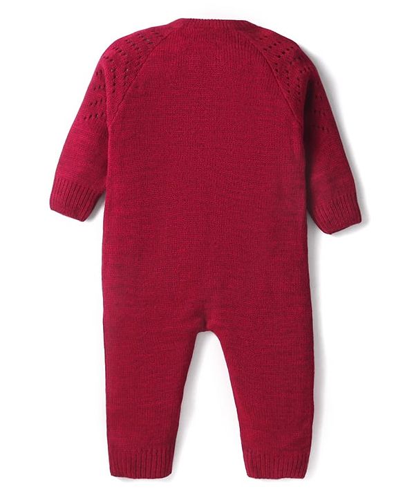 Babyhug Knitted Full Raglan Sleeves  Winter Romper with Bow Applique  - Maroon