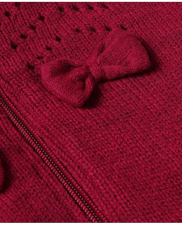 Babyhug Knitted Full Raglan Sleeves  Winter Romper with Bow Applique  - Maroon