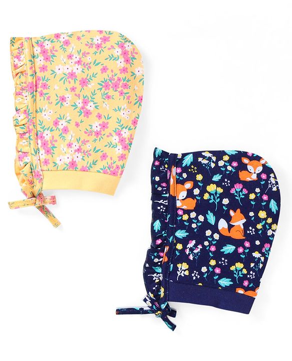 Babyhug 100% Cotton Knit Floral & Fox Printed Caps with Knit Pack of 2  - Navy Blue & Yellow