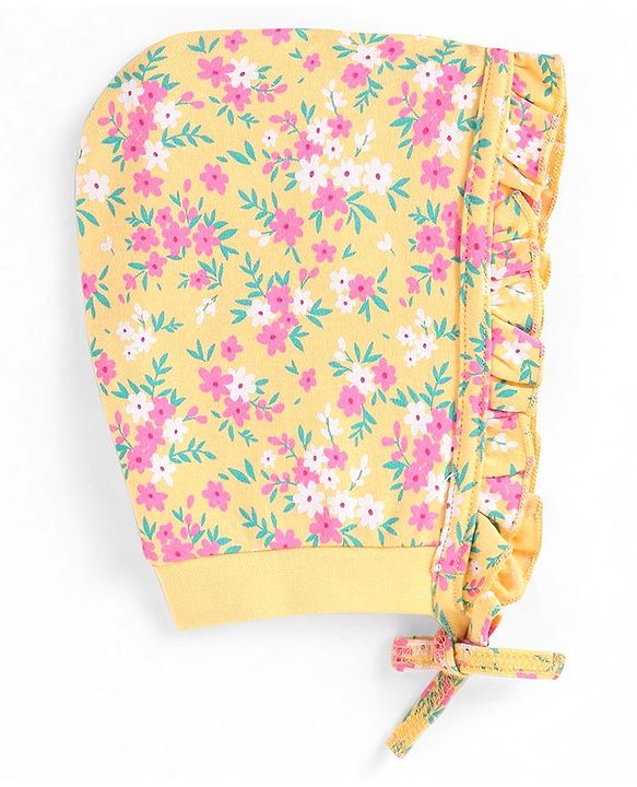 Babyhug 100% Cotton Knit Floral & Fox Printed Caps with Knit Pack of 2  - Navy Blue & Yellow